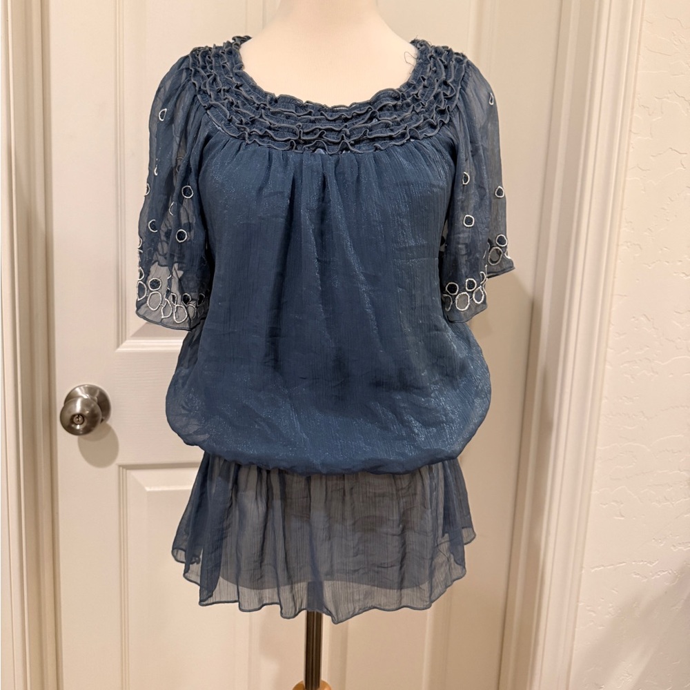 Smocked Neck Blue Peasant Blouse with Eyelet Sleeves
